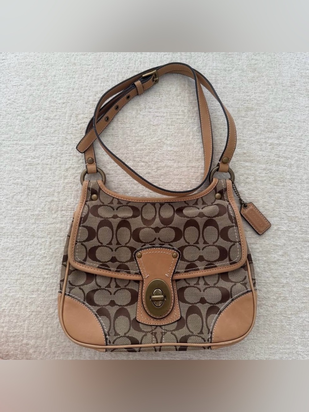 Coach Tan Signature Canvas Turnlock Hobo Bag